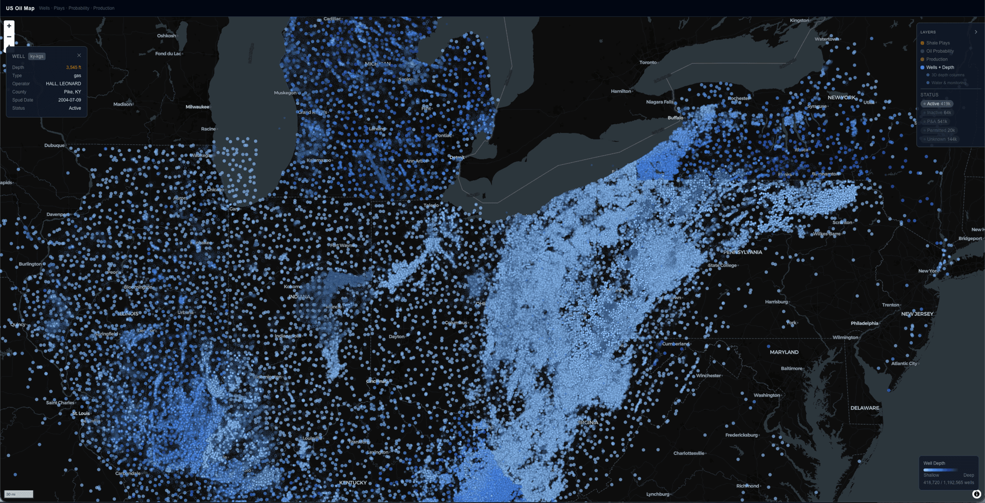 US Oil Map -Appalachian Basin wells